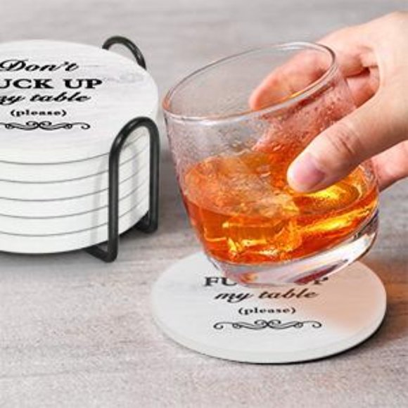 Coasters for Drinks Set of 6 with Holder（Black text style） - Picture 3 of 6